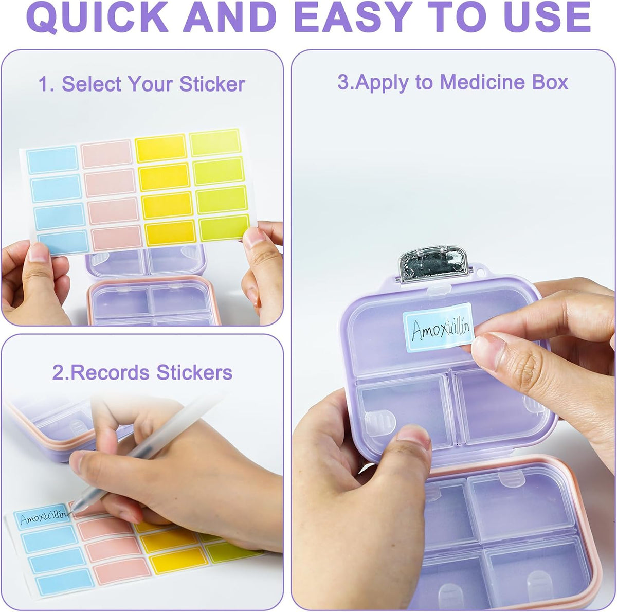 Travel Pill Organizer Box with Labels, 7 Compartments Portable Mini Pill Case, Daily Medication Organizer Storage Pill Container for Pocket Pharmacy(Purple, S)