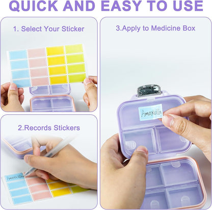 Travel Pill Organizer Box with Labels, 7 Compartments Portable Mini Pill Case, Daily Medication Organizer Storage Pill Container for Pocket Pharmacy(Purple, S)