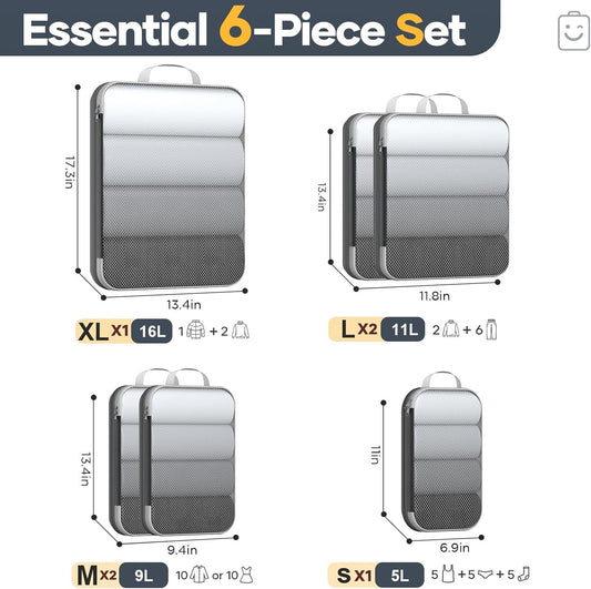 Veken 6/9/11 Set Compression Packing Cubes for Travel Essentials,Compressible Expandable Large Luggage Suitcase Organizer Bags for Clothing,Durable Space Saver Storage Bags(Black)