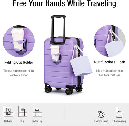 KYME Hardside Expandable Carry On Luggage 22x14x9 Airline Approved with TSA Lock Hardshell Carry On Suitcase with Wheels Small Travel Rolling 20 Inch Luggage with Cup Holder for Women Lt Purple