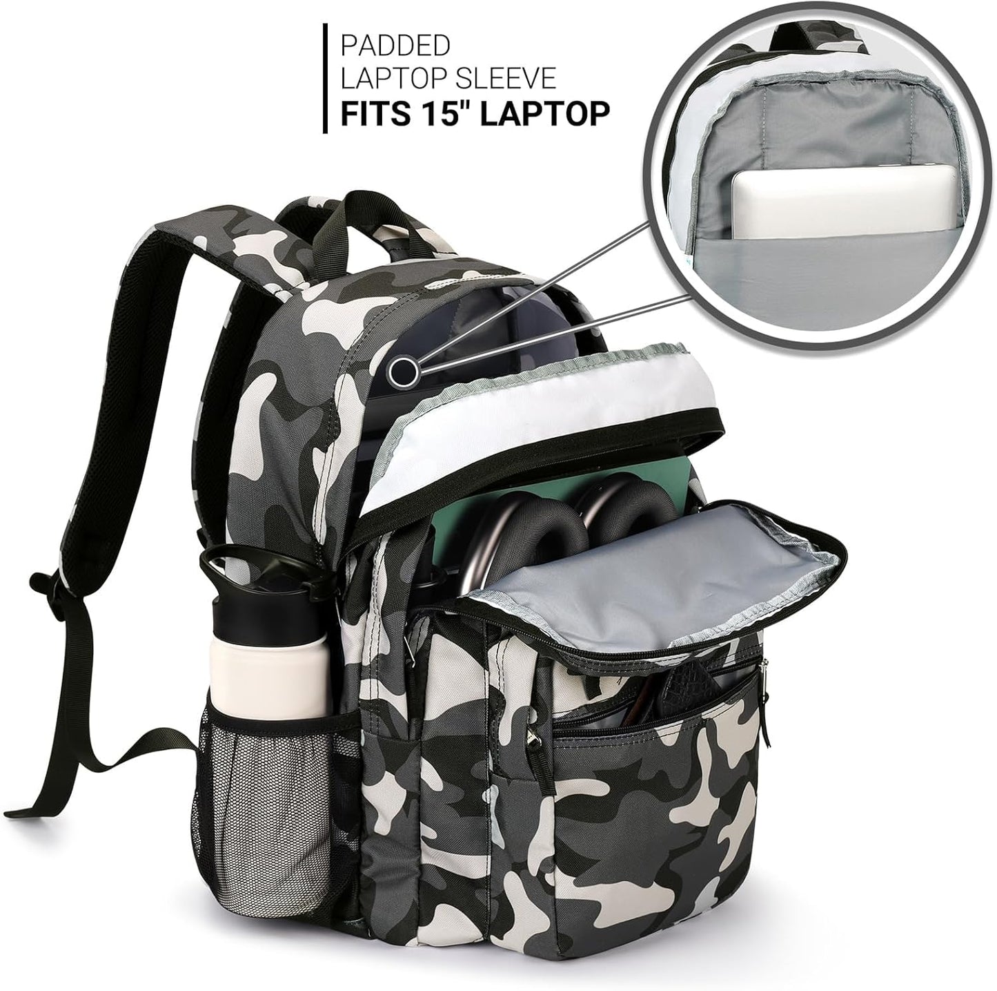 ZORFIN 26L Backpack for College, and Travel: Water Resistant Bookbag - Camo Black