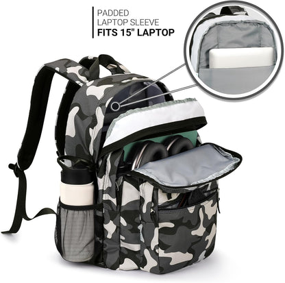 ZORFIN 26L Backpack for College, and Travel: Water Resistant Bookbag - Camo Black