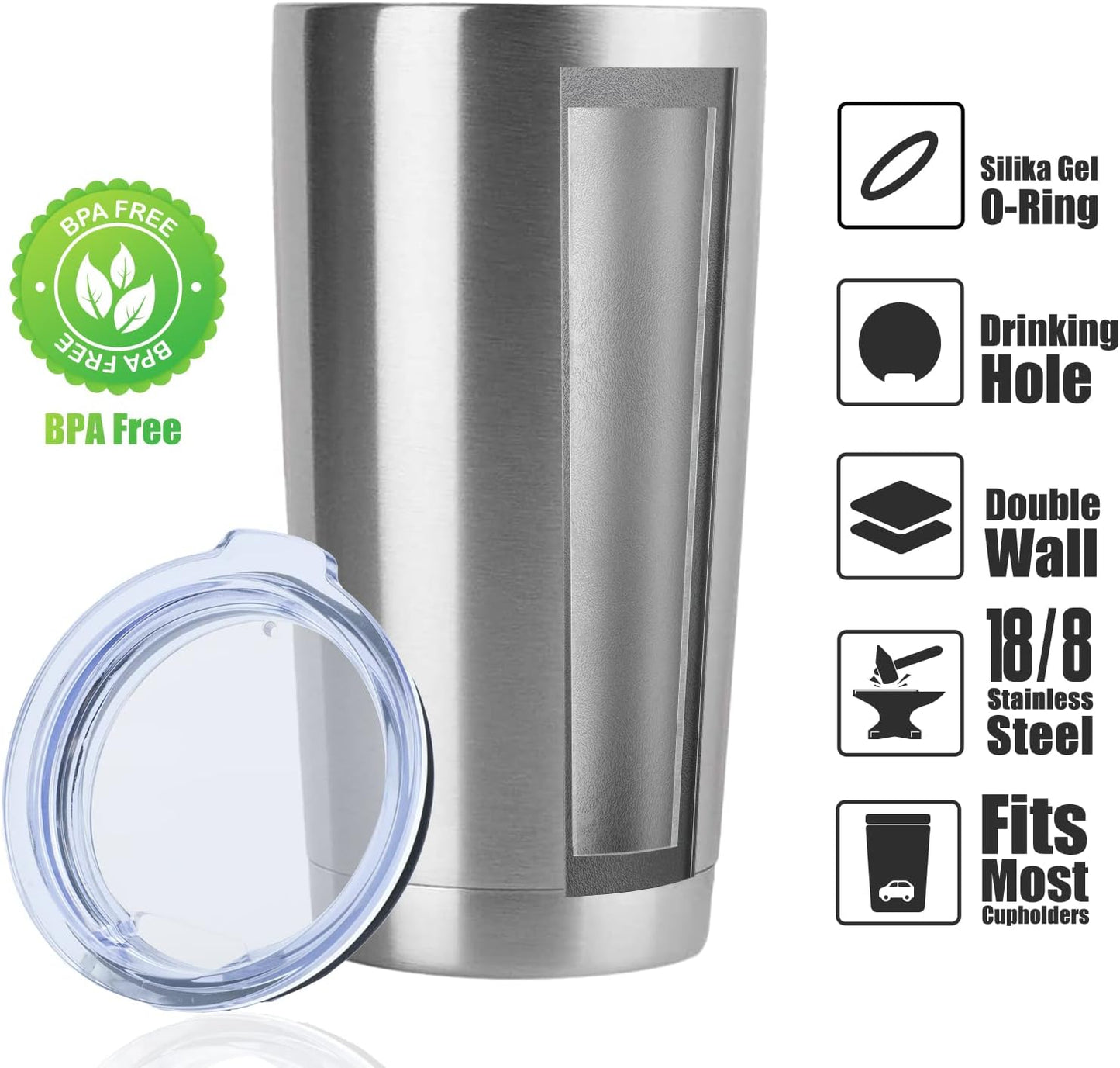 DOMICARE 20oz Stainless Steel Tumbler Bulk with Lid, Double Wall Vacuum Insulated Travel Mug, Powder Coated Coffee Cup, Stainless Steel, 8 Pack