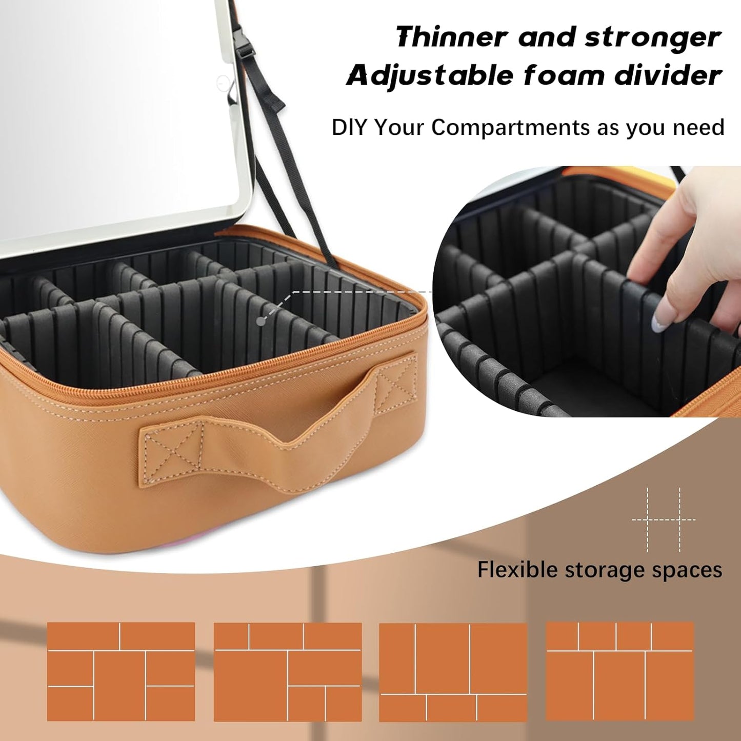 Makeup Bag with Led Mirror,Travel Makeup Organizer with 3 Color Setting, Portable Storage and Adjustable Dividers Travel Makeup Bag(brown)