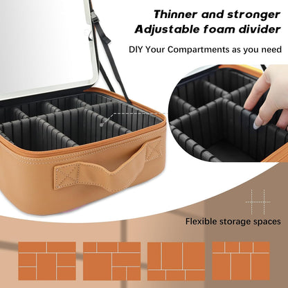 Makeup Bag with Led Mirror,Travel Makeup Organizer with 3 Color Setting, Portable Storage and Adjustable Dividers Travel Makeup Bag(brown)