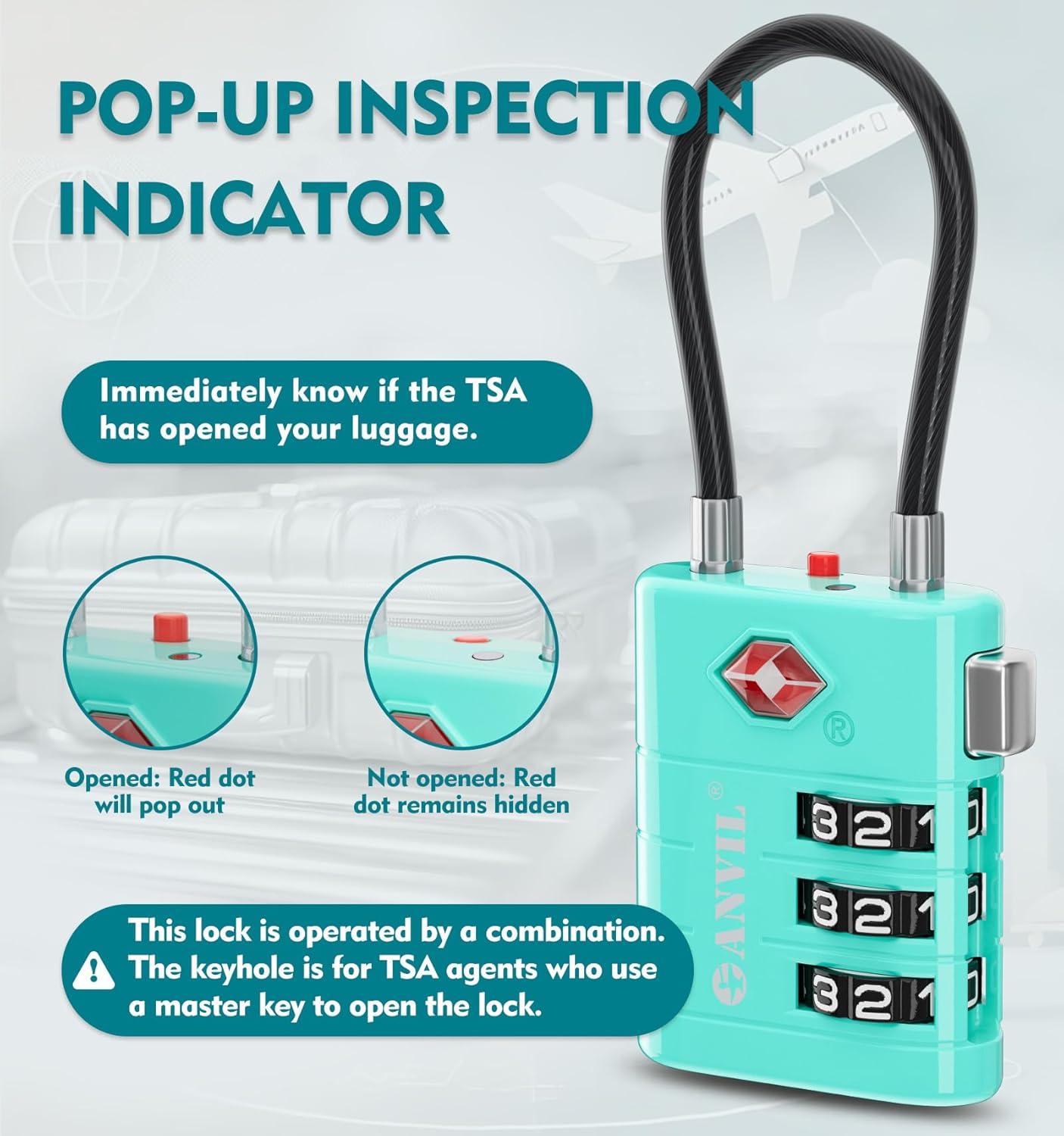 ANVIL TSA Approved Luggage Locks – High Security TSA008 Combination Travel Locks with Inspection Indicator for Suitcases and Backpacks. (4, Cyan)