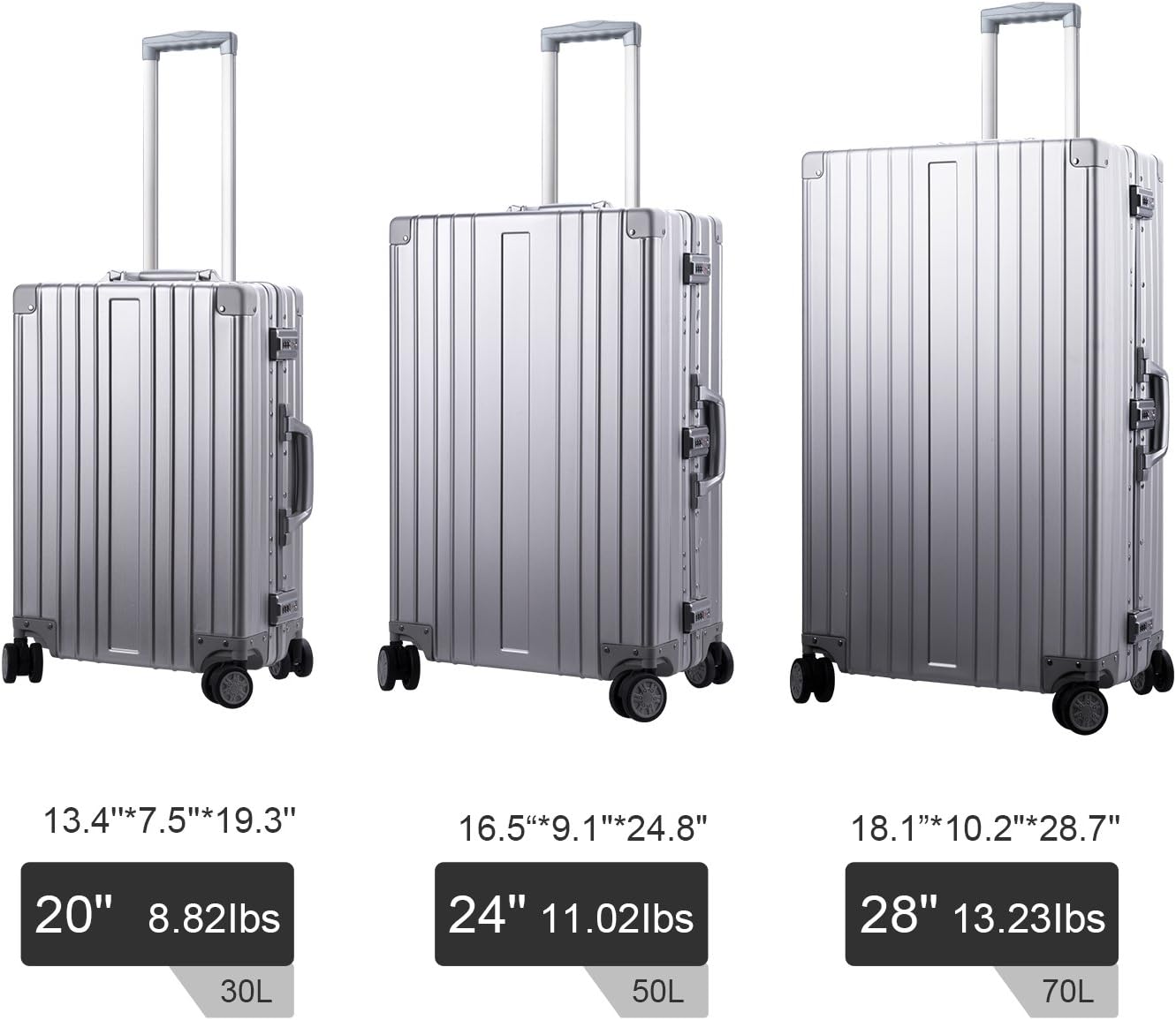 TRAVELKING All Aluminum Carry On Luggage Zipperless Hard Shell Luggage Case with TSA Lock Spinner Alloy Metal Suitcase (Silver, 20")