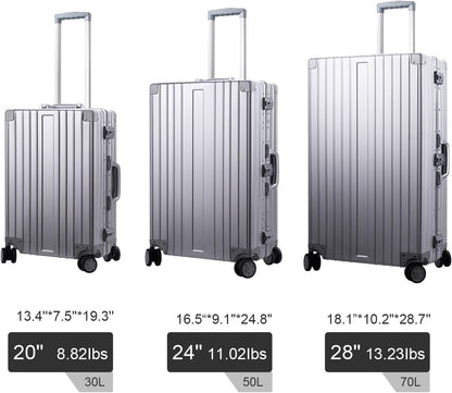 TRAVELKING All Aluminum Carry On Luggage Zipperless Hard Shell Luggage Case with TSA Lock Spinner Alloy Metal Suitcase (Silver, 20")