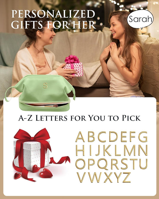 Holiday Gift, Initial Large Makeup Bag, Bride To Be Gifts, Double Layer Cosmetic Bag, Waterproof PU Travel Toiletry Bag for Bachelorette Party Women Wedding Bridal, Bride Gifts