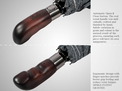 Balios Travel Folding Umbrella with Real Wood Handle Auto Open Close Vented Windproof Canopy - Designed in UK