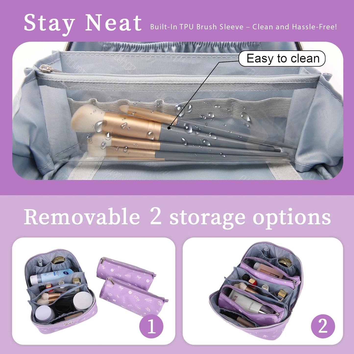 BOYATU Travel Makeup Bag Cosmetic Bags for Women: 3 Pcs Set Portable Make up Bag with Handle - Vegan Leather Toiletry Bags with Compartments - Makeup Organizer for Travel Essentials(04-Lilac)