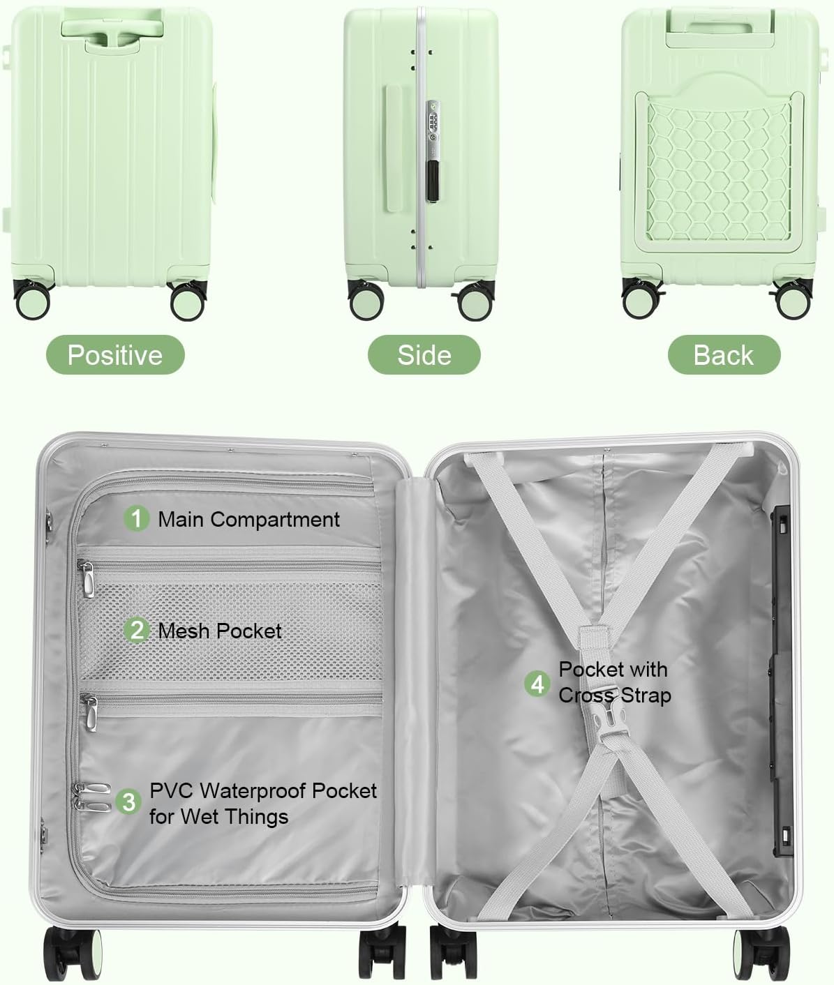 MRPLUM Carry On Luggage Double Handle Suitcase with Net Pocket,Hard Shell Spinner Wheels Luggage with TSA Lock&Seat Belt,20 inch,Green