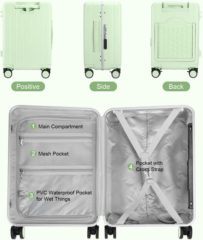 MRPLUM Carry On Luggage Double Handle Suitcase with Net Pocket,Hard Shell Spinner Wheels Luggage with TSA Lock&Seat Belt,20 inch,Green