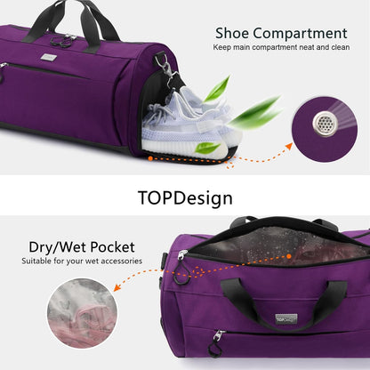 TOPDesign Gym Bag for Women & Men, Unisex Duffel Bag with Shoe Compartment & Wet Pocket for Travel Sports Gym (L Purple)