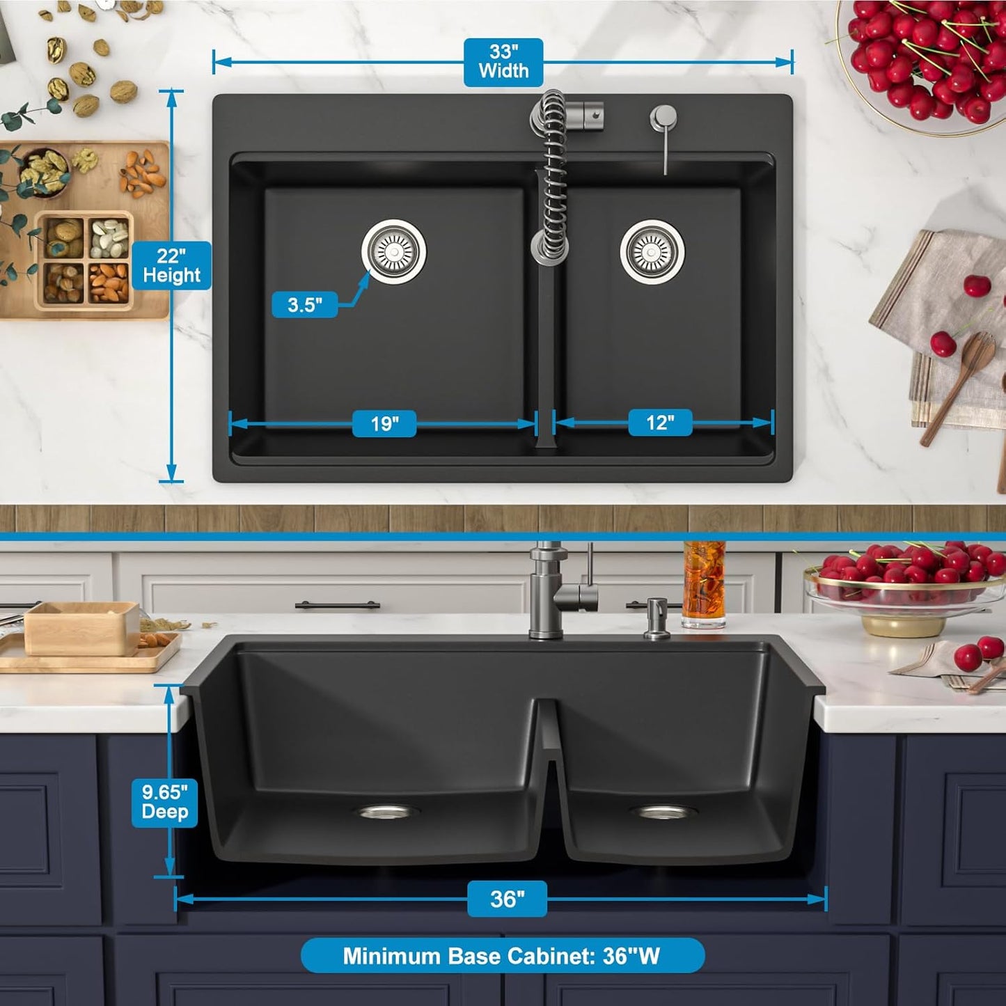 33 Inch Drop in Granite Composite Black Kitchen Sink-Donsdey Double Bowl Topmount 60/40 Basin Quartz Workstation Sink with Luxury Accessories Easy Cleaning Noise Reduction