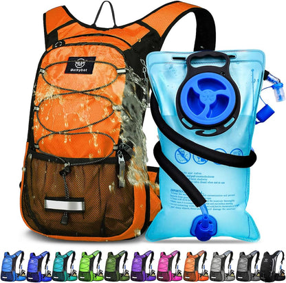 Insulated Hydration Backpack Pack with 3L BPA Free Leak Proof Water Bladder, Large Storage Lightweight Hiking Daypack with Waist Pouches & Cooler Layer, for Running, Biking, Camping, Festival