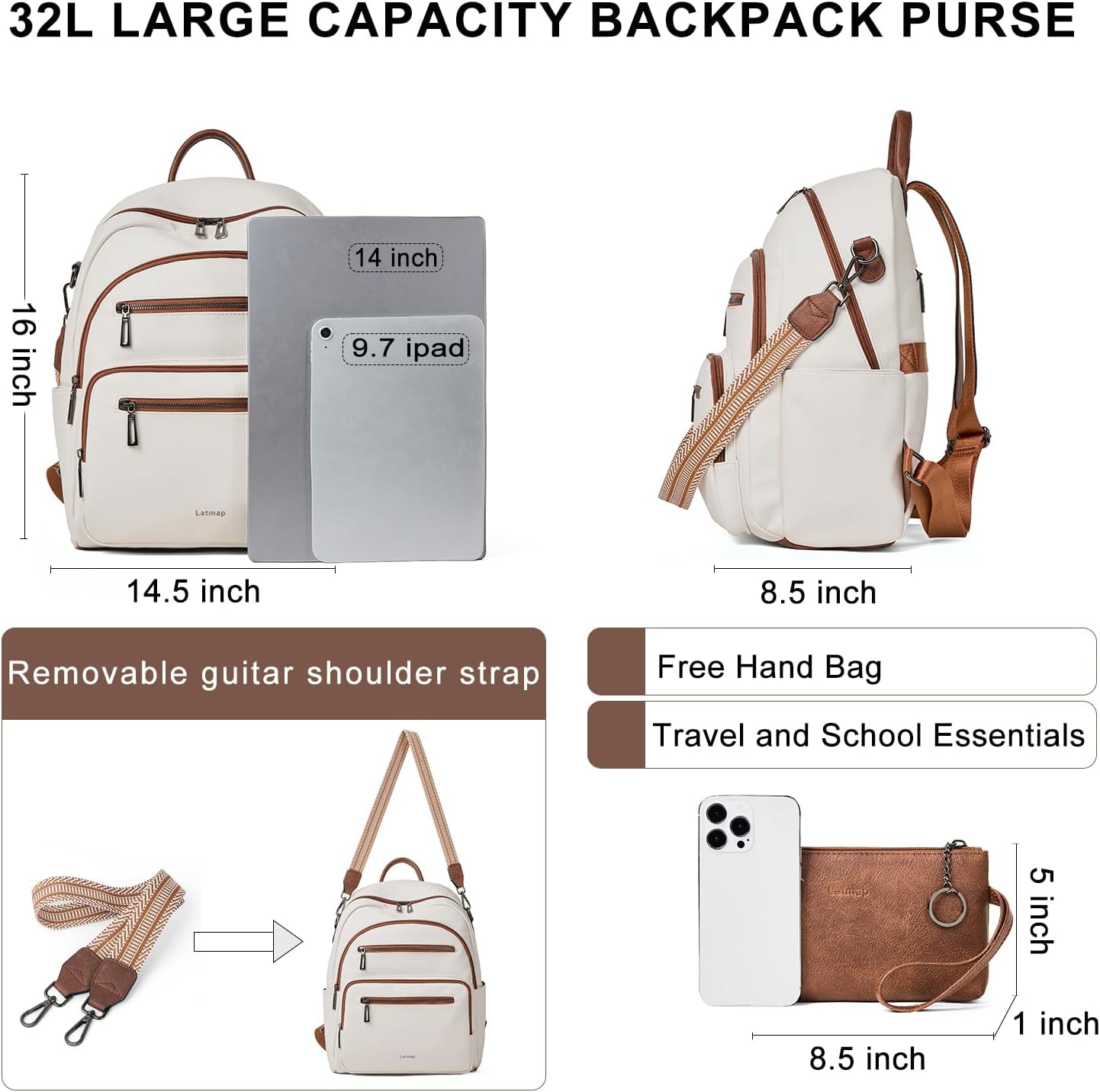 Backpack Purse for Women Laptop Backpack, Leather Travel Backpack Shoulder Bag Teacher College Daypack Work Handbag fits 14" Laptop-Beige