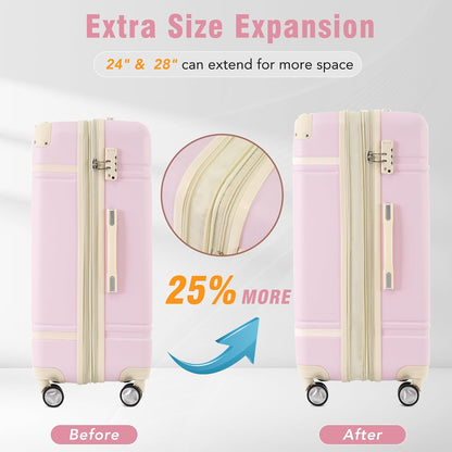 Merax Luggage Set 3 Piece Suitcase Set with Cosmetic Case Expandable Spinner Wheels Vintage Luggage Sets(Light Pink,20"+24"+28")