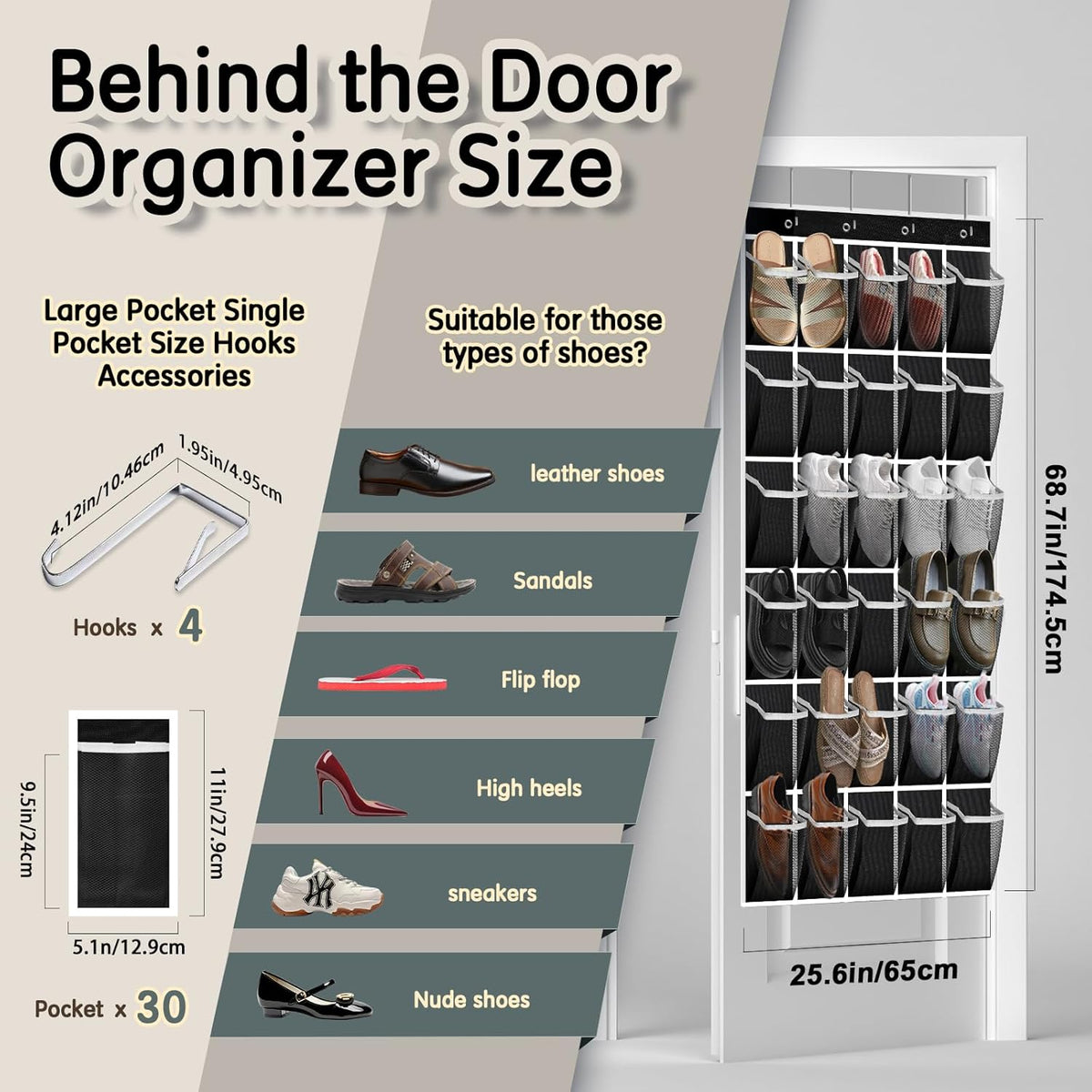 Over the Door Shoe Organizer with 30 Breathable Mesh Pockets - Large Capacity Closet Storage for Men & Women, Hanging Shoe Rack Organizer -Black