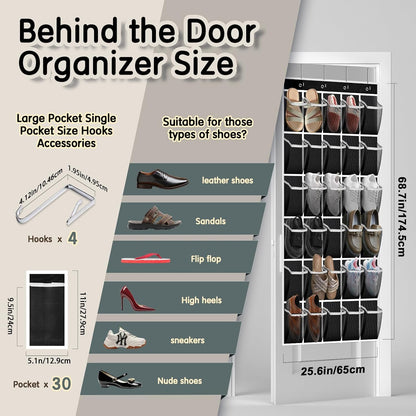 Over the Door Shoe Organizer with 30 Breathable Mesh Pockets - Large Capacity Closet Storage for Men & Women, Hanging Shoe Rack Organizer -Black