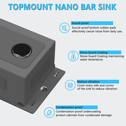 15x20 Drop In Bar Sink Black, 15 Inch Gunmetal Black Wet Bar Sink 18 Gauge Single Bowl Topmount Stainless Steel Small Kitchen Sink with Basket Strainer Drain & Bottom Grid