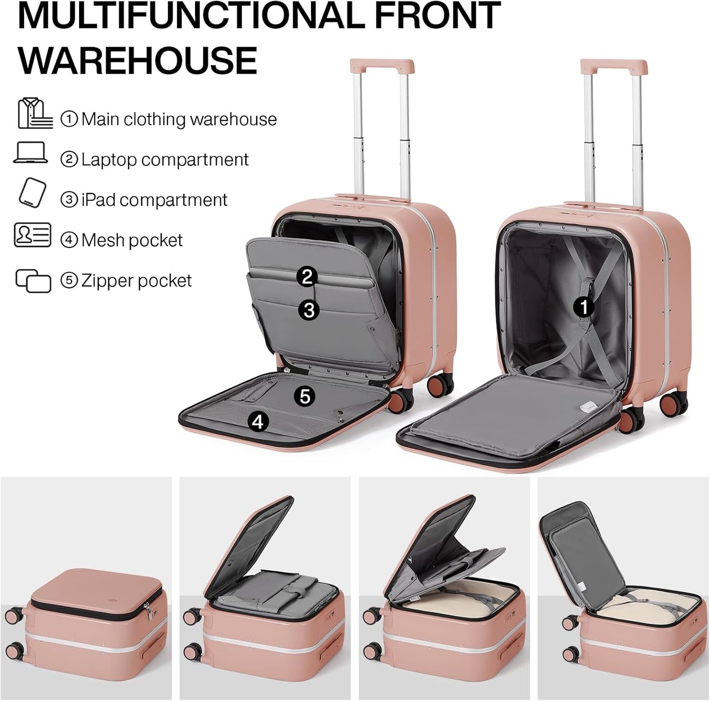 mixi Carry On Luggage, 18” Suitcase with Front Laptop Pocket, Travel Luggage Aluminum Frame PC Hardside with Spinner Wheels & TSA Lock and Cover (Not for Underseat), Pink