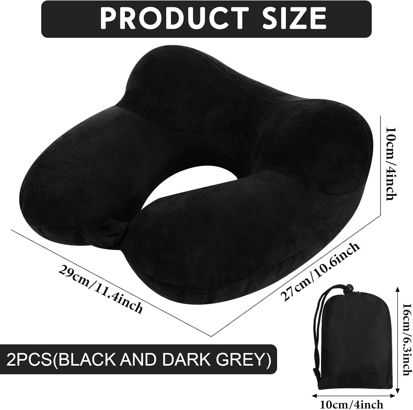 Sintuff 2 Pack Inflatable Travel Pillow for Airplanes Inflatable Neck Flight Pillows with Compact Bag and Blindfold for Traveling, Airplane, Train, Car, Office(Black and Dark Gray)