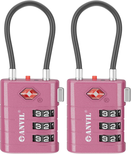 ANVIL TSA Approved Luggage Locks – High Security TSA008 Combination Travel Locks with Inspection Indicator for Suitcases and Backpacks. (2, Rose Purple)