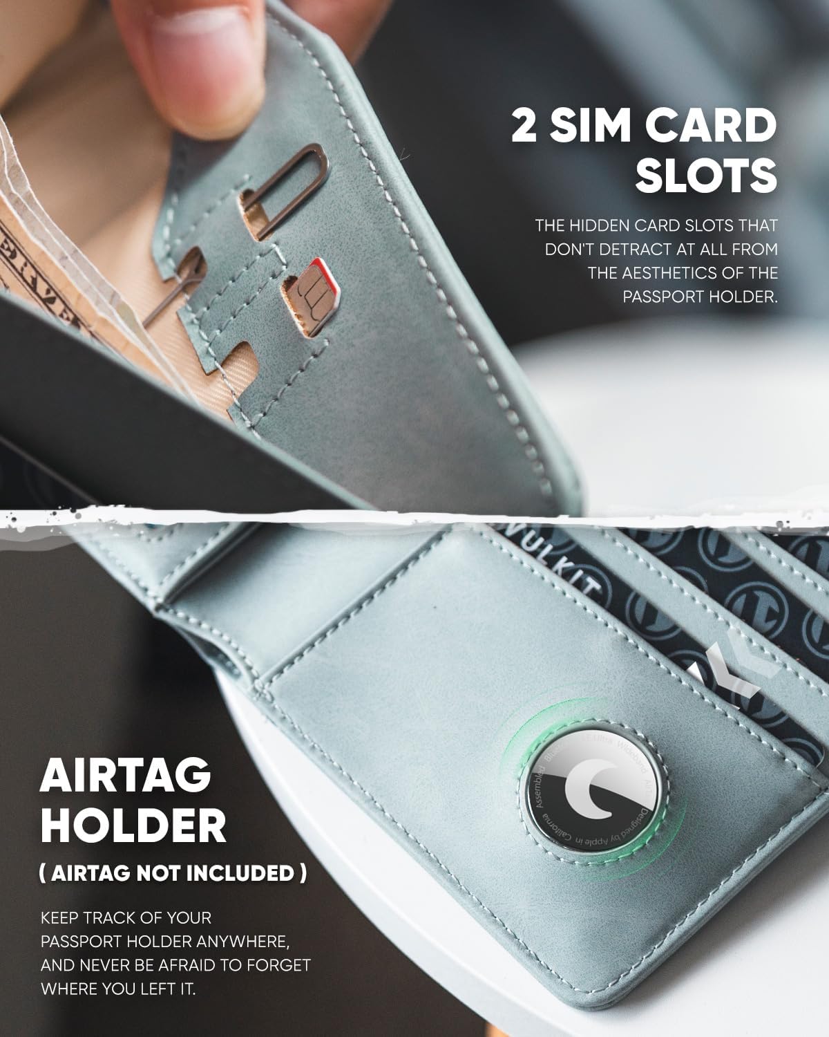 VULKIT Passport Holder with Airtag Holder RFID Blocking Passport Wallet Travel Leather Passport for Women(Blue)