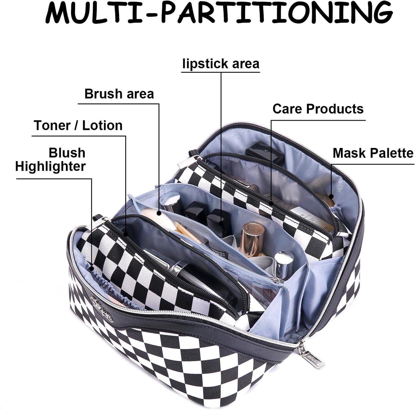 BOYATU Travel Makeup Bag Cosmetic Bags for Women: Large Make up Bags Set of 3 - Portable Makeup Organizer with Compartments&Handle&Divider - Waterproof PU Leather Toiletry Bag(Checkered Mix Black)