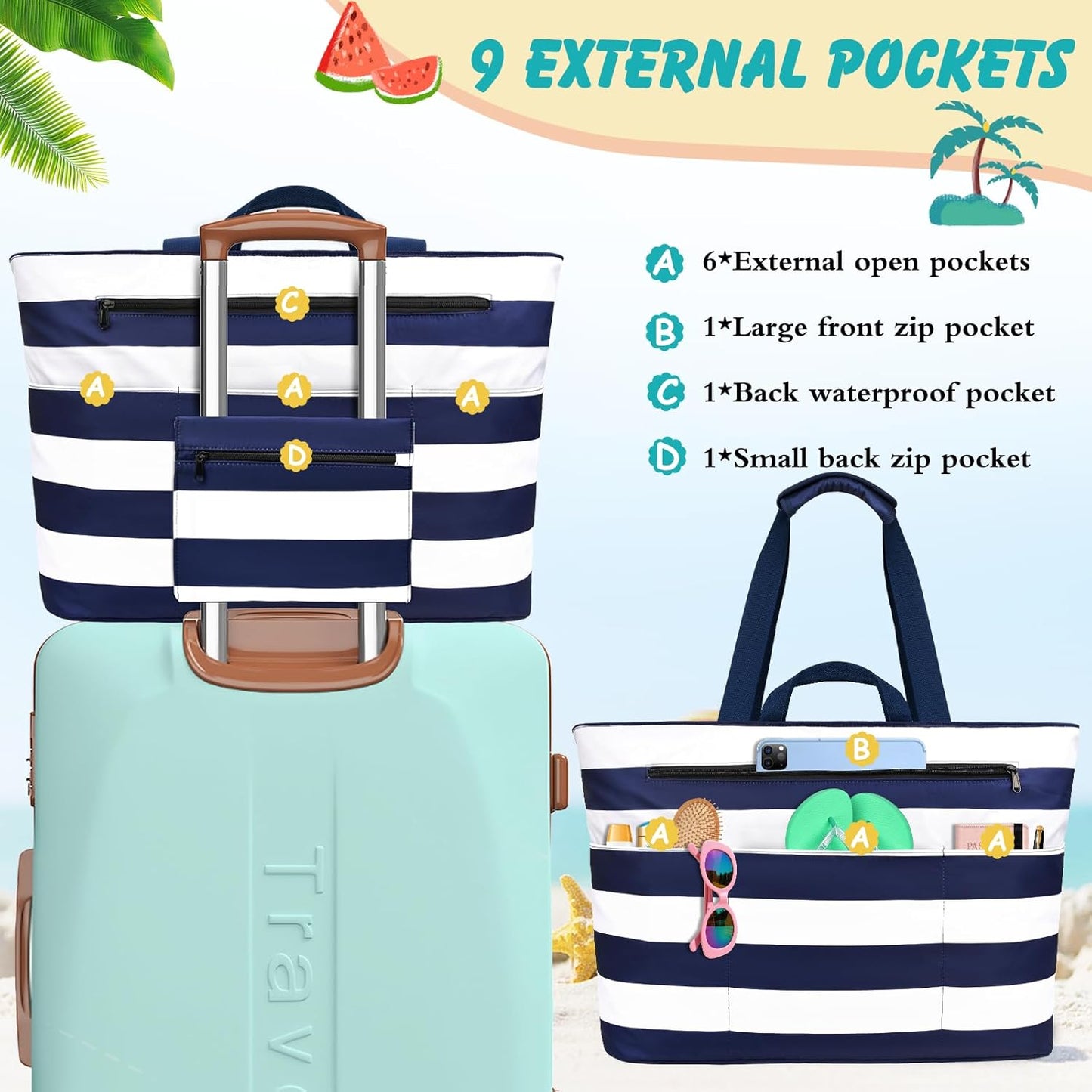 Extra Large Beach Bags for Women, Waterproof Sandproof Beach Tote Bag Zipper Foldable Swim Pool Bag with Wet Pocket
