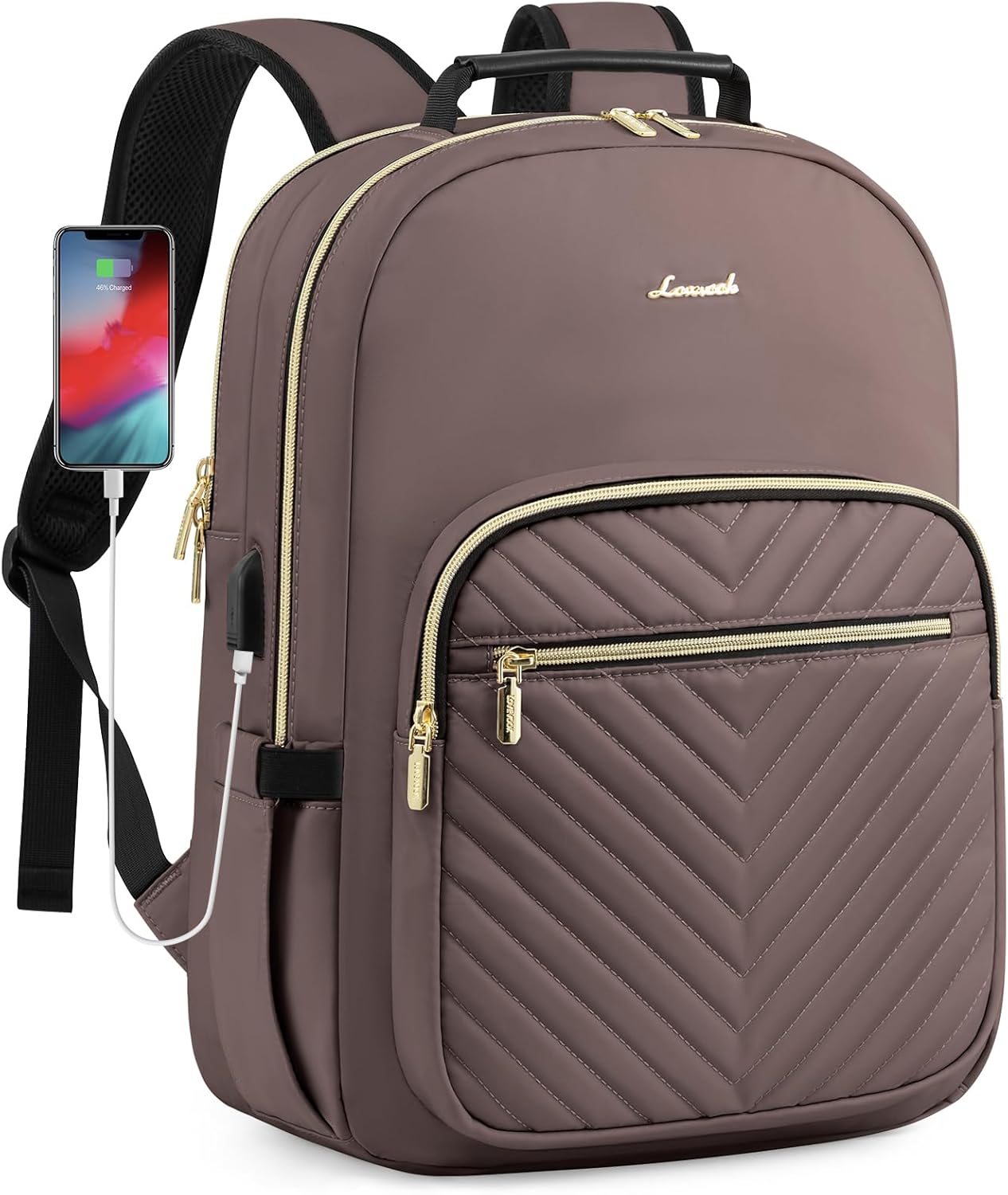 LOVEVOOK Laptop Backpack Purse for Women, Large Capacity Travel Business Computer Work Bag, Quilted Casual Nurse Backpack for Womens, Fit 15.6 Inch Laptop with USB Port, Brown