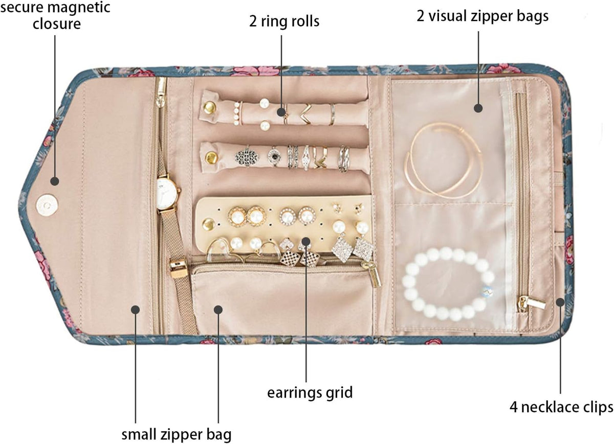 BAGSMART Travel Jewellery Organiser Roll Foldable Jewelry Case for Journey-Rings, Necklaces, Bracelets, Earrings, Flower Bird