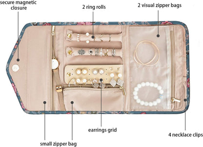 BAGSMART Travel Jewellery Organiser Roll Foldable Jewelry Case for Journey-Rings, Necklaces, Bracelets, Earrings, Flower Bird