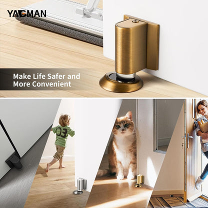 3 Pack Magnetic Door Stoppers Retractable Bottom of Door Holder No Drilling Mount Floor Door Stop with Screws and Adhesive Catch Door Keep Door Open Antique Brass AB-3
