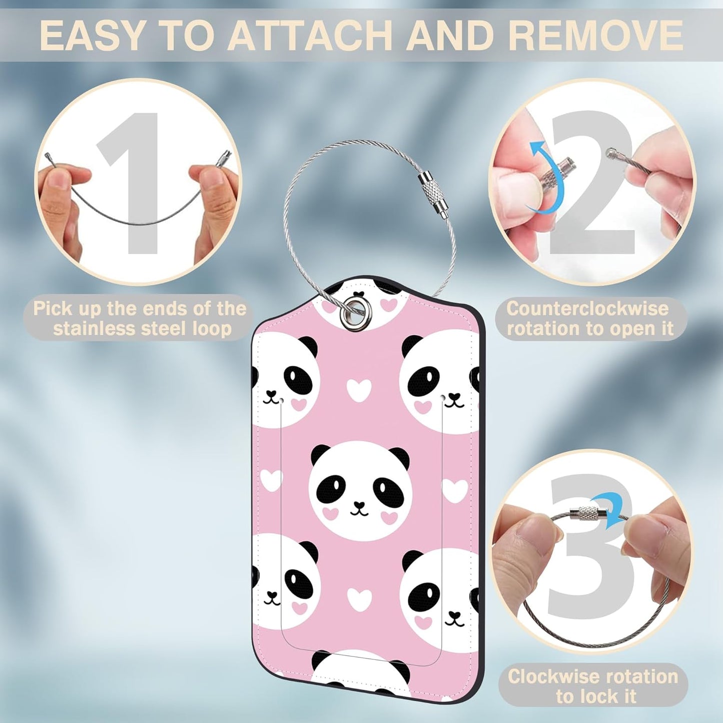 2 Pcs Cute Panda and Heart Luggage Tags for Suitcases PU Leather Baggage Tags Name ID Label with Privacy Cover and Stainless Steel Loop for Men Women Travel Bag Suitcase