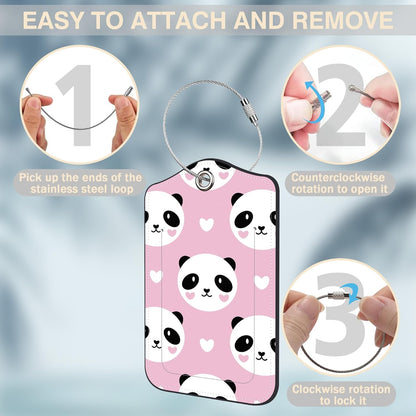 2 Pcs Cute Panda and Heart Luggage Tags for Suitcases PU Leather Baggage Tags Name ID Label with Privacy Cover and Stainless Steel Loop for Men Women Travel Bag Suitcase