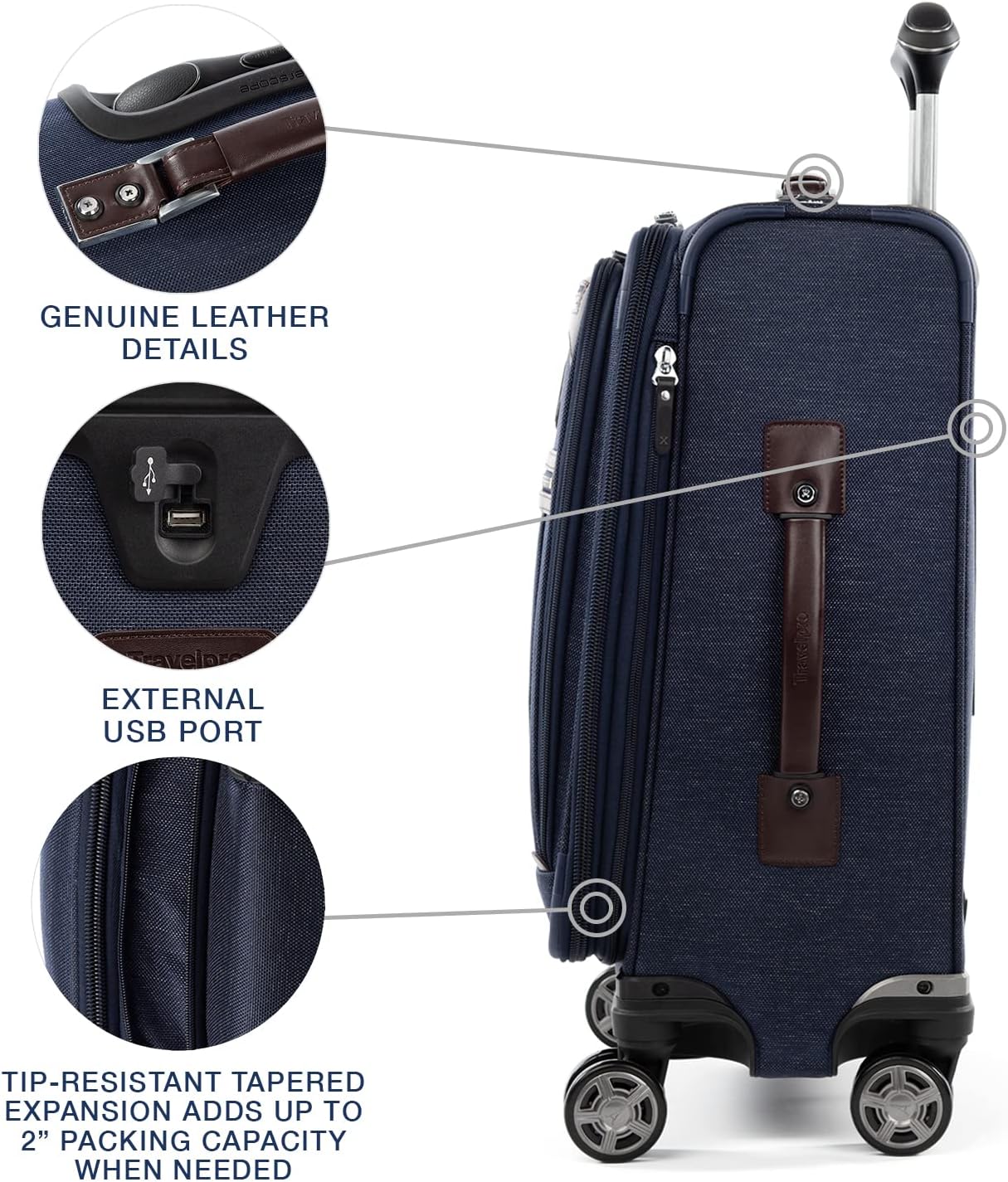Travelpro Platinum Elite Softside Expandable Carry on Luggage, 8 Wheel Spinner Suitcase, USB Port, Laptop and Tablet Sleeves, Men and Women, True Navy Blue, Carry On 20-Inch