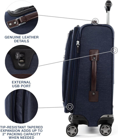 Travelpro Platinum Elite Softside Expandable Carry on Luggage, 8 Wheel Spinner Suitcase, USB Port, Laptop and Tablet Sleeves, Men and Women, True Navy Blue, Carry On 20-Inch