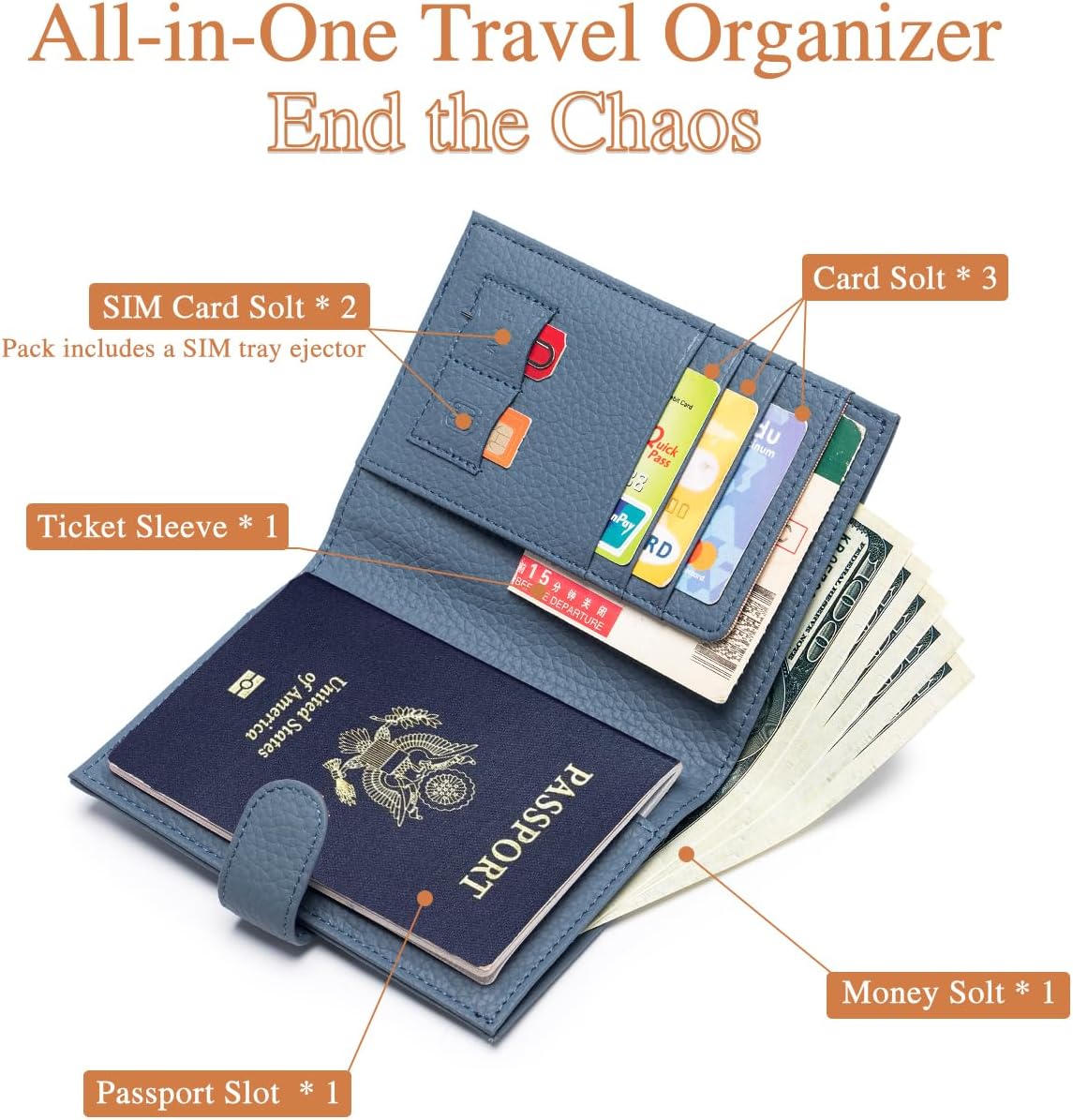 Slim RFID Leather Passport Holder for Travel Women & Men – Compact Travel Passport Wallet with Passport Slot & Card Slots, Zippered Coin Pocket & Travel Passport Cover Case – Denim Blue