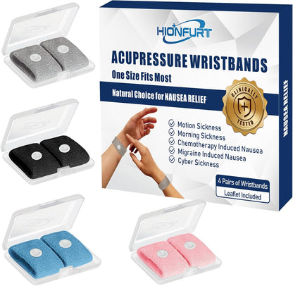 Motion Sickness Bands Anti Nausea Wristband for Adult and Kids Morning Sickness Relief for Pregnant Women Acupressure Nausea Relief for Car, Sea, Air Sickness -4 Pairs Grey, Black, Blue, Pink