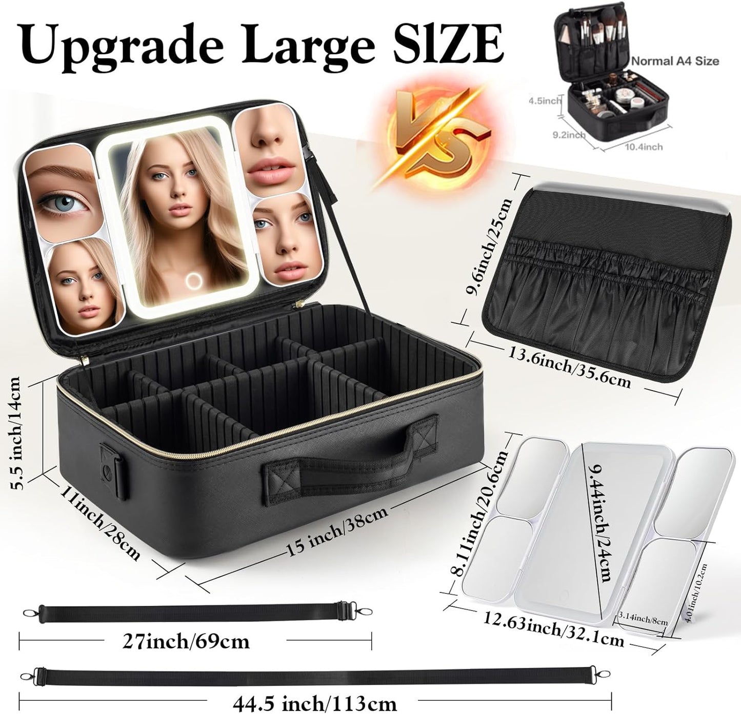 Extra Large Makeup Bag with LED 1X5X10X20X30X Magnifying Mirror and Travel Makeup Train Case Cosmetic Organiser with Mirror and Separate Makeup Brush Panel, Portable Adjustable Divider,Black-XL