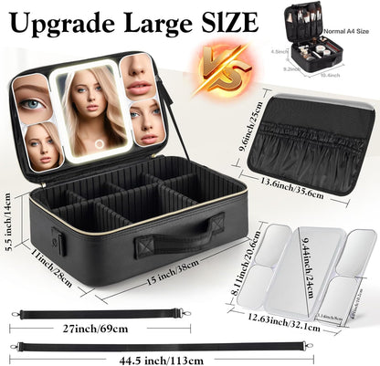 Extra Large Makeup Bag with LED 1X5X10X20X30X Magnifying Mirror and Travel Makeup Train Case Cosmetic Organiser with Mirror and Separate Makeup Brush Panel, Portable Adjustable Divider,Black-XL