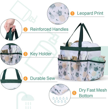 F-color Shower Caddy Portable - Mesh Shower Bag Basket Tote for College Dorm Room Essentials Bathroom Gym Camp Quick Dry for Women Men with S Hook, Green Pineapple