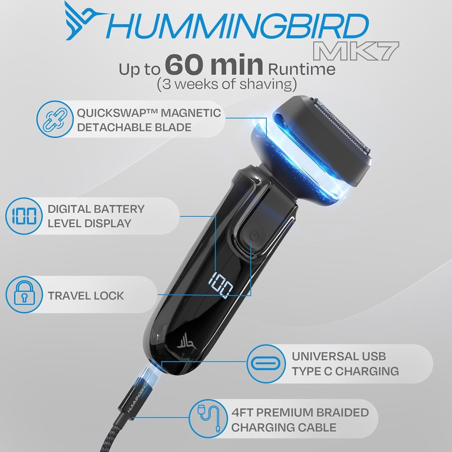 HUMMINGBIRD MK7 Premium Foil Face Shaver, Four Blade Foil Shaver with Long Hair Leveler, Electric Razor for Men, Waterproof Wet & Dry Shave, Cordless USB-C Rechargeable, LED Display, Travel Case