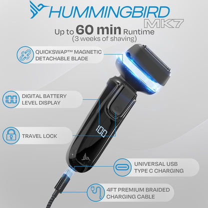 HUMMINGBIRD MK7 Premium Foil Face Shaver, Four Blade Foil Shaver with Long Hair Leveler, Electric Razor for Men, Waterproof Wet & Dry Shave, Cordless USB-C Rechargeable, LED Display, Travel Case