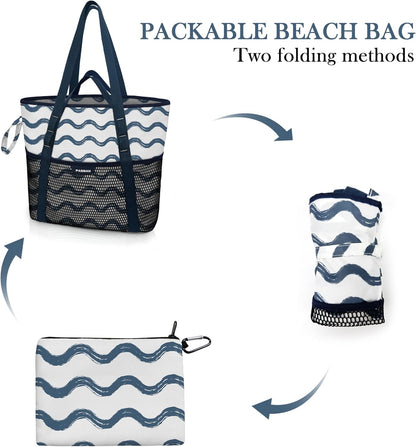 Beach Bag with Zipper - 8 Pockets Sandproof Beach Tote Bag for Women,Foldable Lightweight Family Swim Bag Vacation