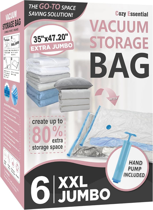 6 Pack XXL Jumbo Vacuum Storage Bags, Extra Large Vacuum Seal Bags for Comforters, Bedding, Blanket Storage, Giant Space Saver Bags for Huge Stuffed Toy (47.2x35 in)