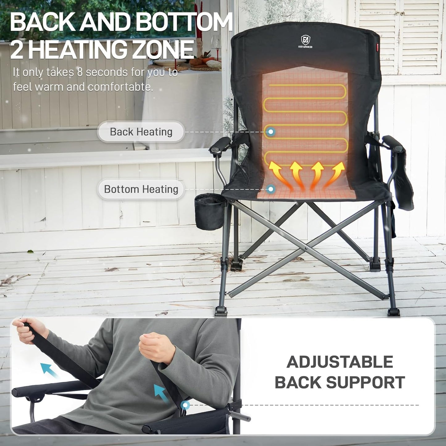 EVER ADVANCED Heated Oversized Foldable Camping Chair for Adults with Adjustable Lumbar Support, Heavy Duty Chair with Side Pockets, Heated Portable Collapsible Quad Chair for Outside, Support 500lbs