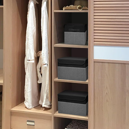 Large 22 Quart Linen Fabric Foldable Storage Bin Cube Organizer Basket with Flip-Top Lid & Handles, Clothes Blanket Box for Home, Office, Closet, Black & Gray, 4 Pack 14.6 x 9.5 x 9.5